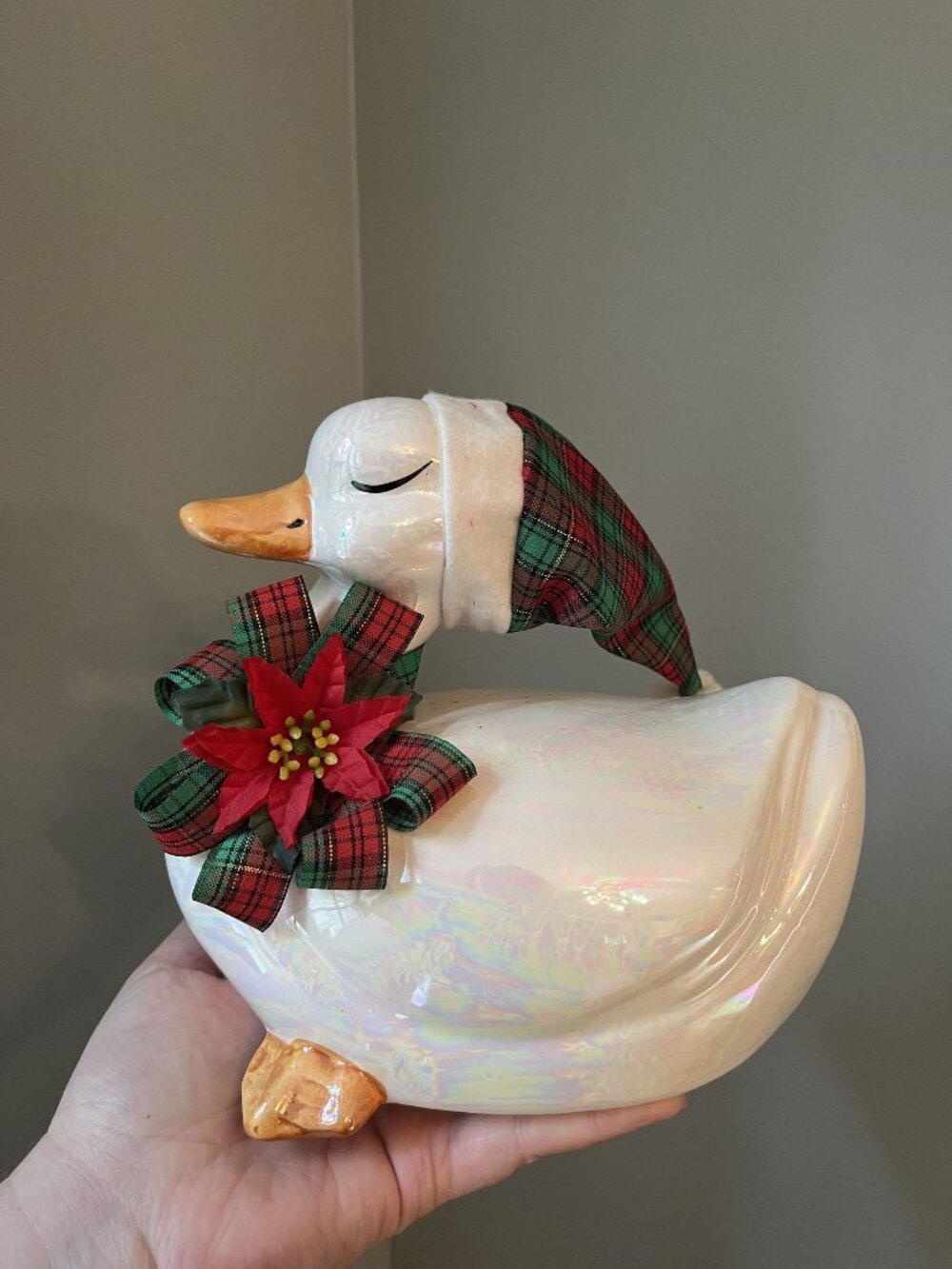 Vintage Christmas Goose Figurine With Plaid Hat & Bow - Pearlescent Finish - 7.5